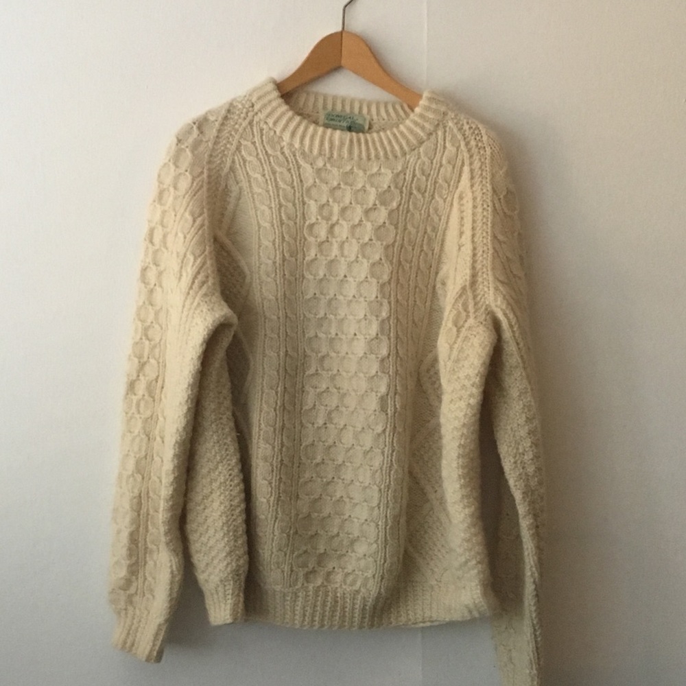 Vtg Irish Wool Fisherman Cable Knit Sweater Large